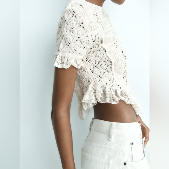 Zara lace crochet sweater top blouse ruffled bohemian - Picture 4 of 9